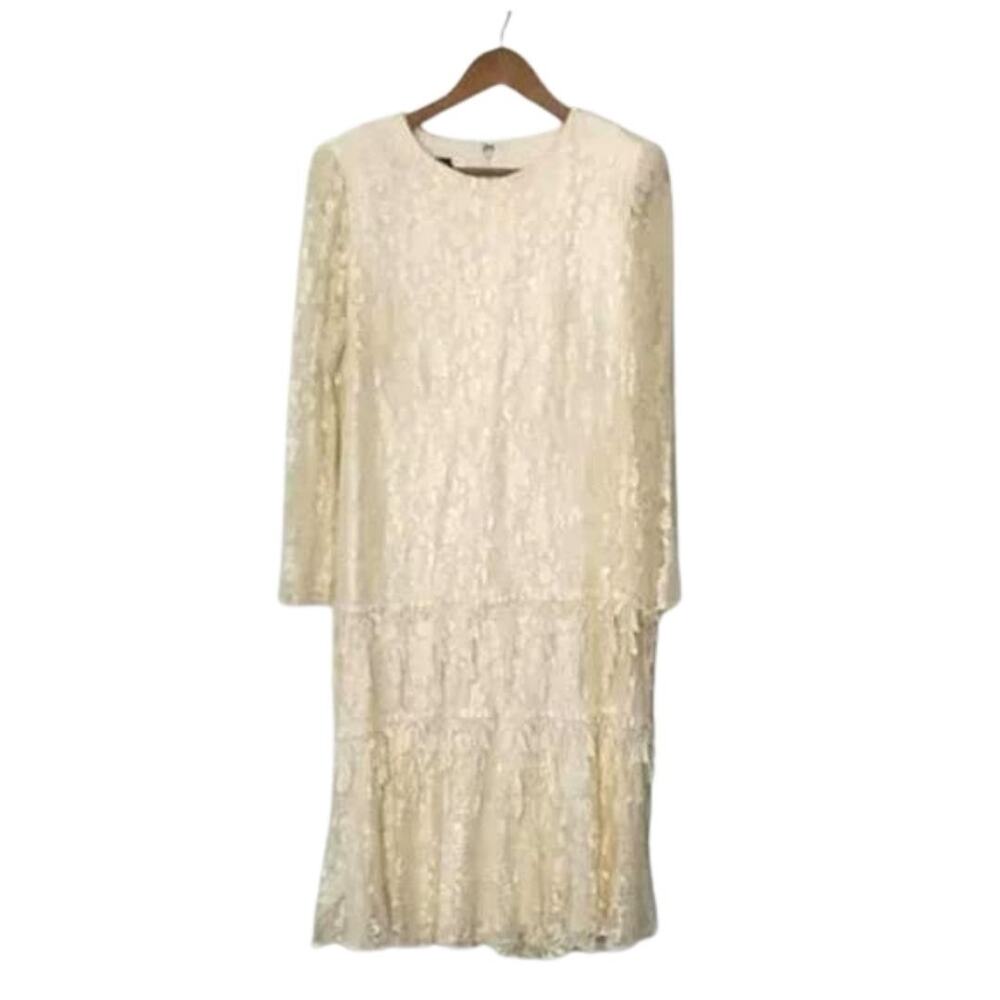 Vintage Jill Robbins Cream Lace Drop Waist Fringe Dress Flapper Wedding Large